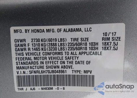 2018 Honda Odyssey Ex-L z USA, uszkodzony, nr VIN 5FNRL6H70JB048961